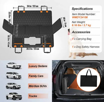 VEVOR 54" x 25.6" Waterproof Dog Car Seat Cover for Back Seat